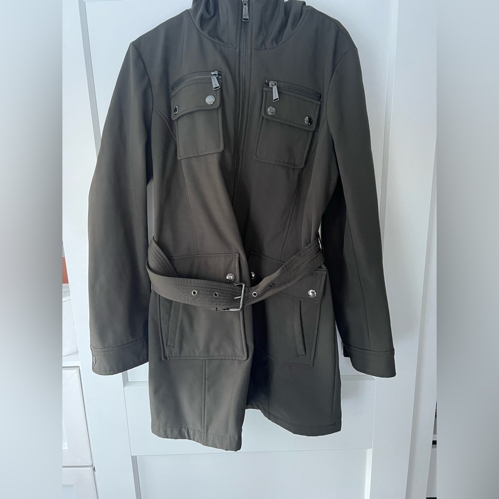 Michael Kors Dark Olive Green Belted Soft Shell Fleece Lined Rain Jacket Size M